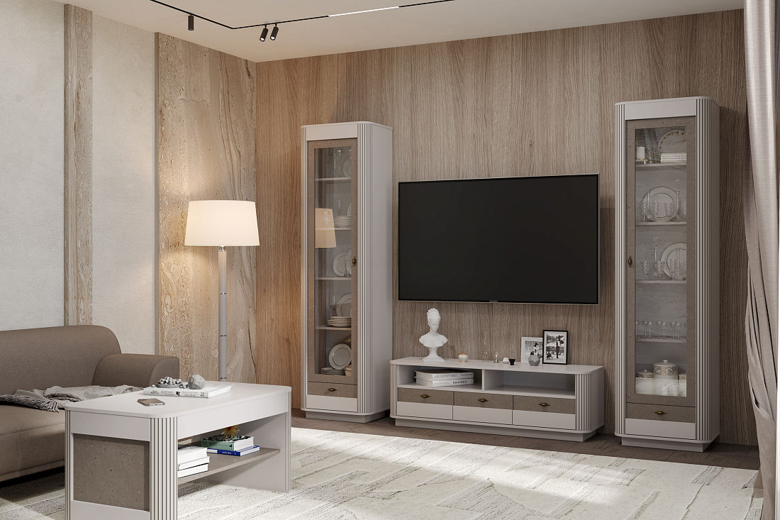 Шкаф витрина 34.06 Фантазия New кашемир/дуо/профиль kroning кашемир патина №30.1/профиль masa decor дуо/ДВПО белый/стекло